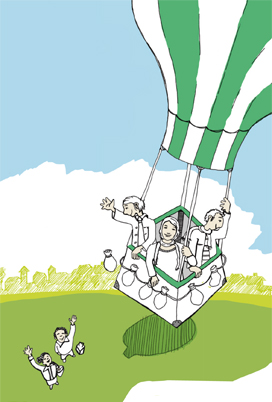 Illustration zwei Menschen winken einer Gruppe in einem startentendem Heißtluftballon Illustration zwei Menschen winken einer Gruppe in einem startentendem Heißtluftballon