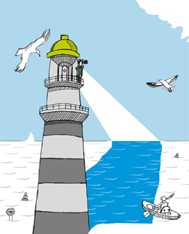 tandem-Illustration Ein Leuchtturm leuchtet zum Horizont tandem-Illustration Ein Leuchtturm leuchtet zum Horizont