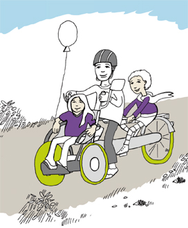 tandem-Illustration eFöB 3 Kinder fahren zusammen mit einem tandem inklusive Rolli tandem-Illustration eFöB 3 Kinder fahren zusammen mit einem tandem inklusive Rolli