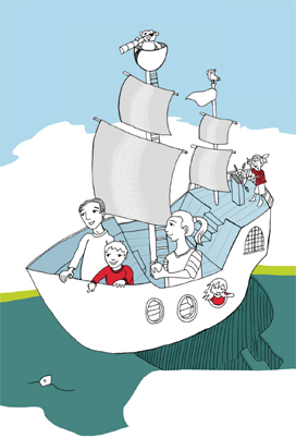 tandem-Illustration Kita auf einem Segelschiff fahren Kinder und Erwachsene tandem-Illustration Kita auf einem Segelschiff fahren Kinder und Erwachsene